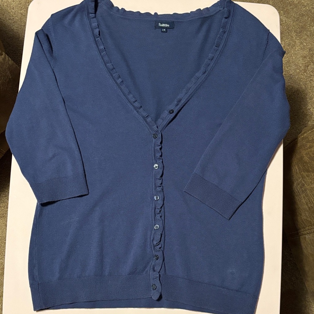 Blue Button-Up Cardigan with front ruffle detail
